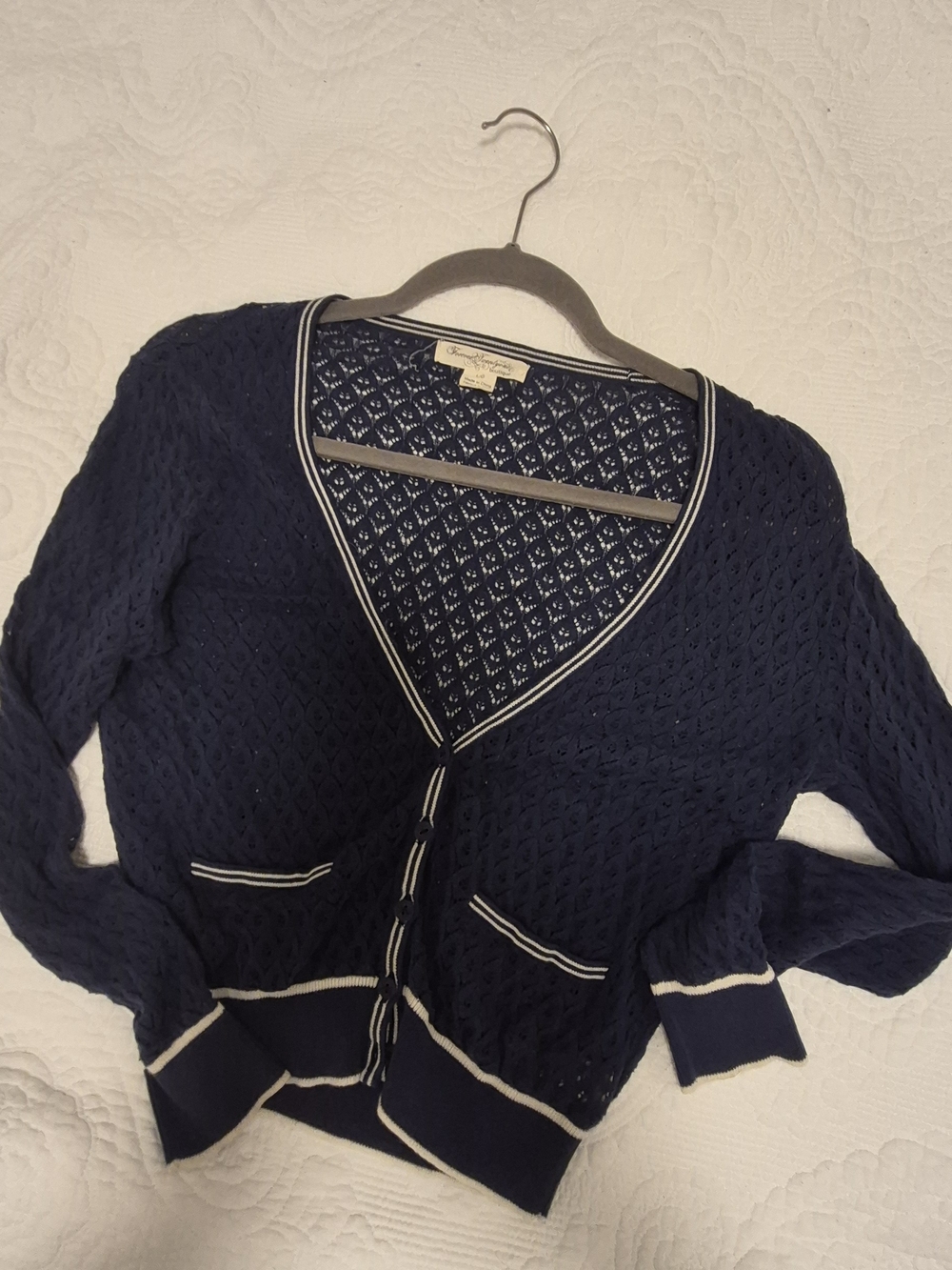 Navy V-Neck Open-Knit Cardigan with Contrast Trim